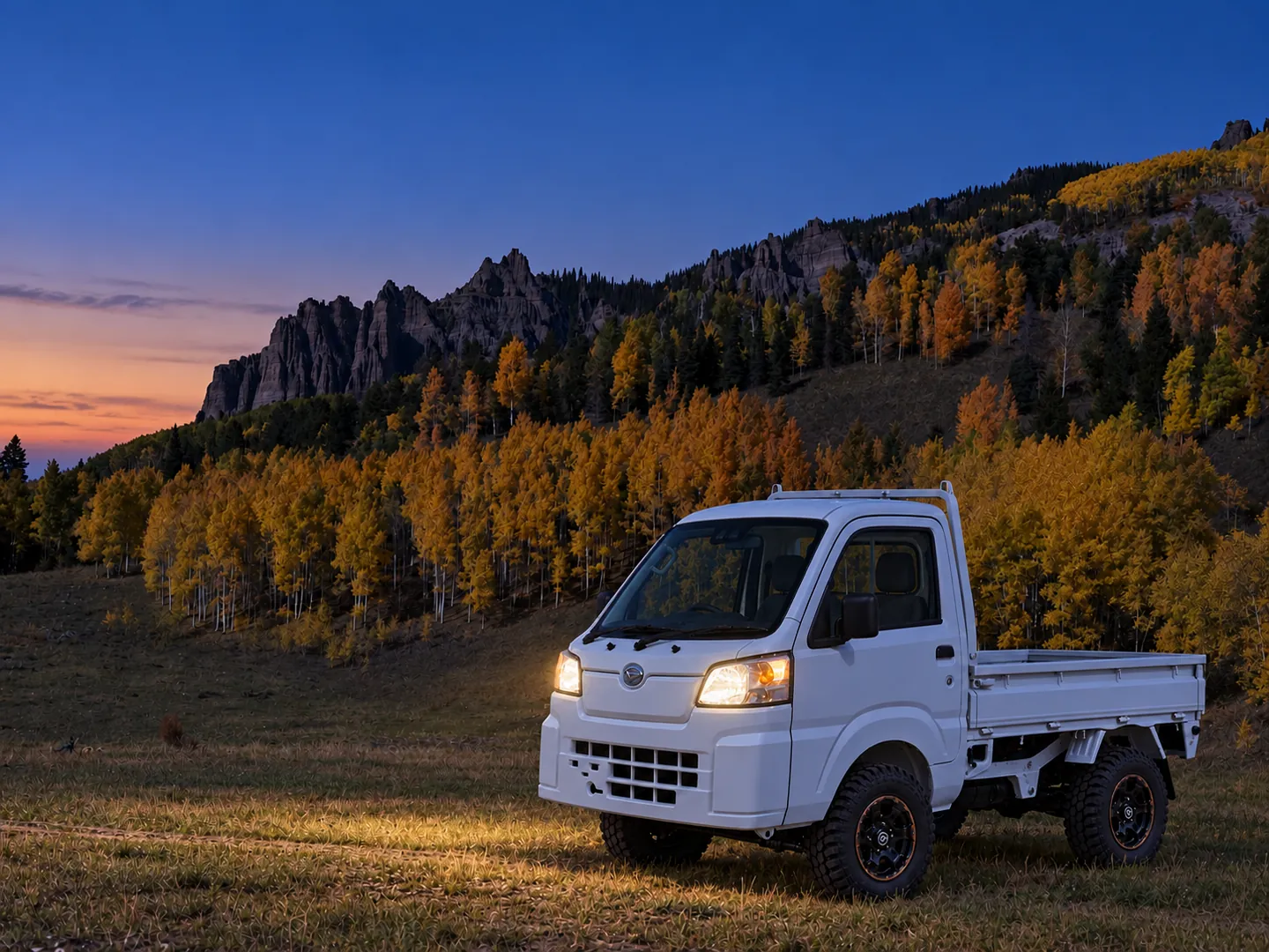 The same white Hijet in the meadow at dusk with its headlights on